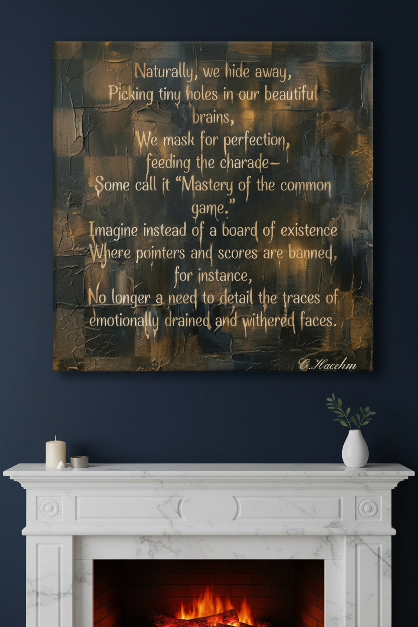 Board Game canvas wall art close up above white fireplace on navy wall
