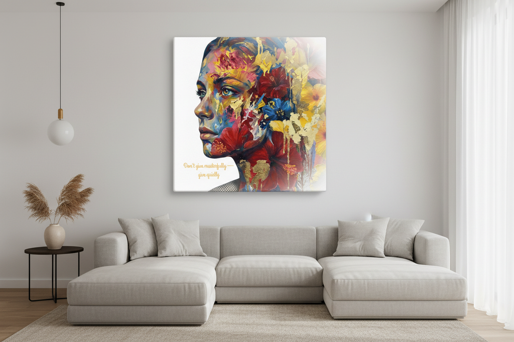The Quiet Offering canvas wall art displayed on a modern living room wall