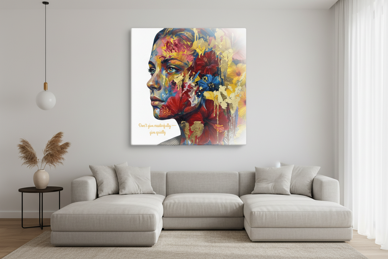 The Quiet Offering canvas wall art displayed on a modern living room wall