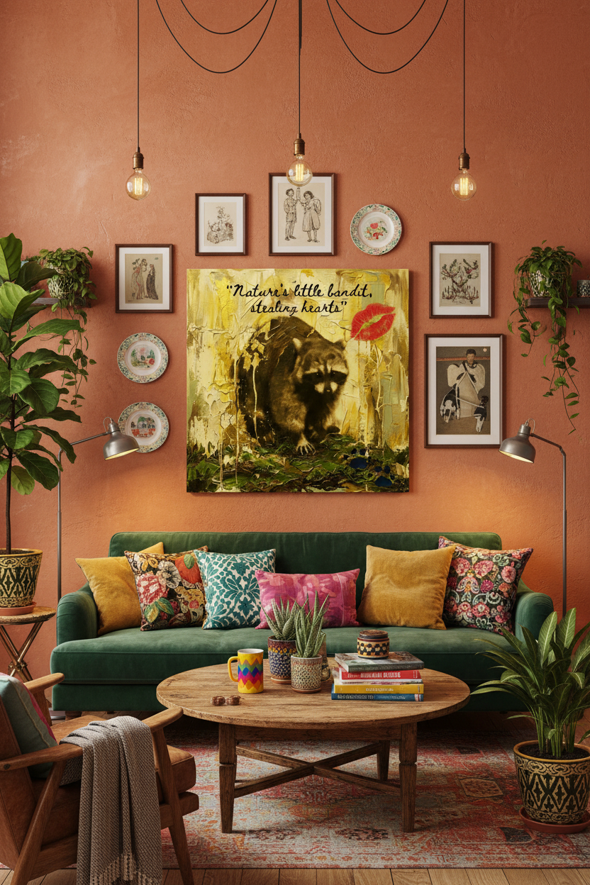 Raccoon Bandit Stealing Hearts canvas wall art in an eclectic terracotta maximalist living room