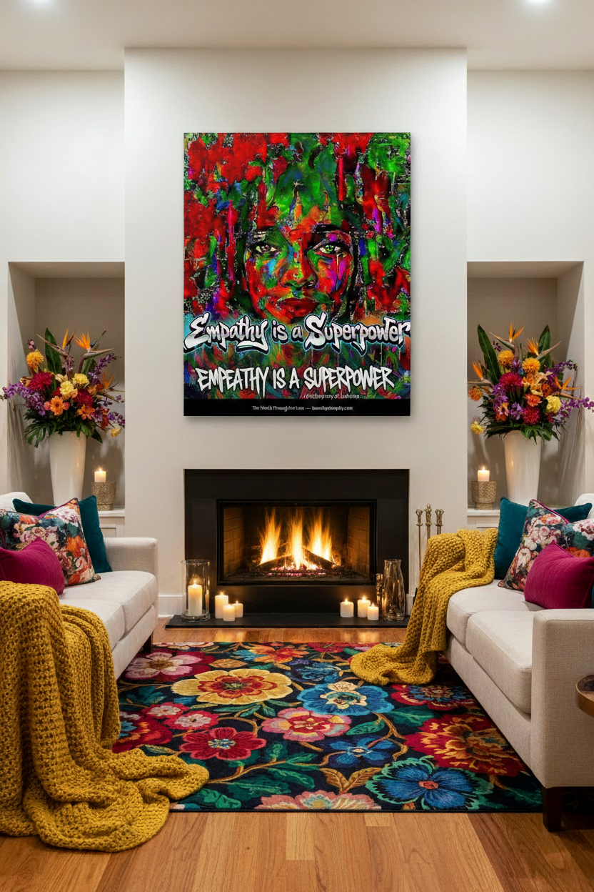 The World Through Her Lens canvas wall art in a cosy fireplace living room