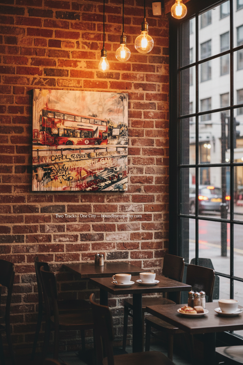 Two Tracks One City canvas wall art displayed in a cozy brick cafe