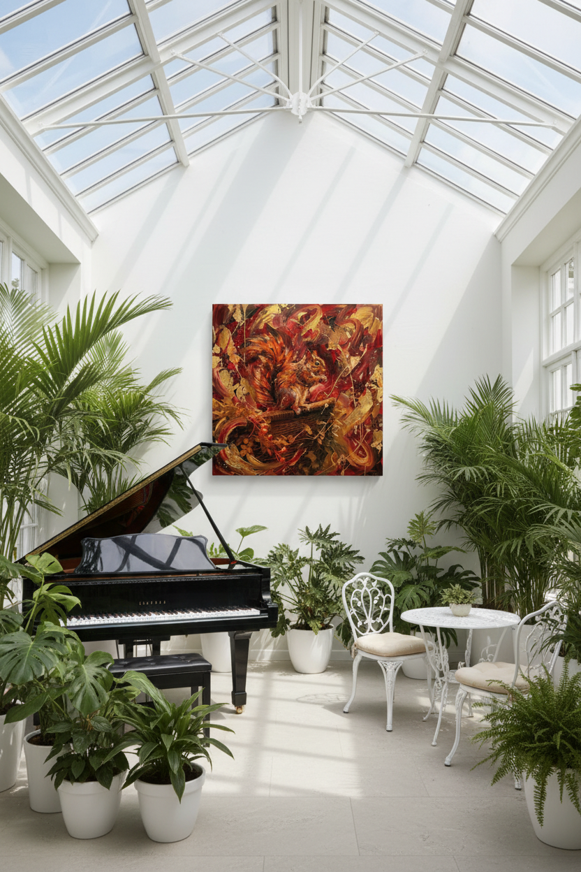 Squirrel's Retreat canvas wall art in a sunlit conservatory with black grand piano and tropical plants