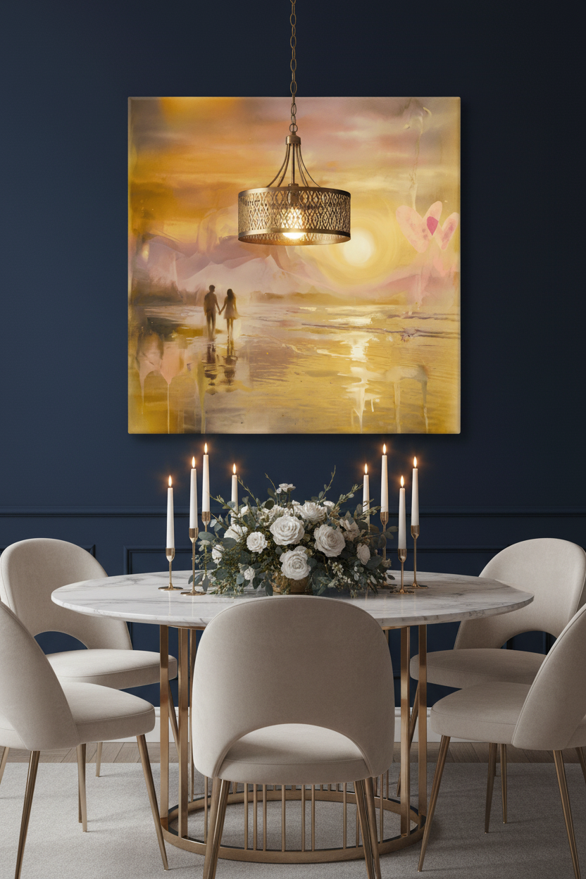 Echoes of the Coast canvas wall art in a dramatic navy dining room with candlelight