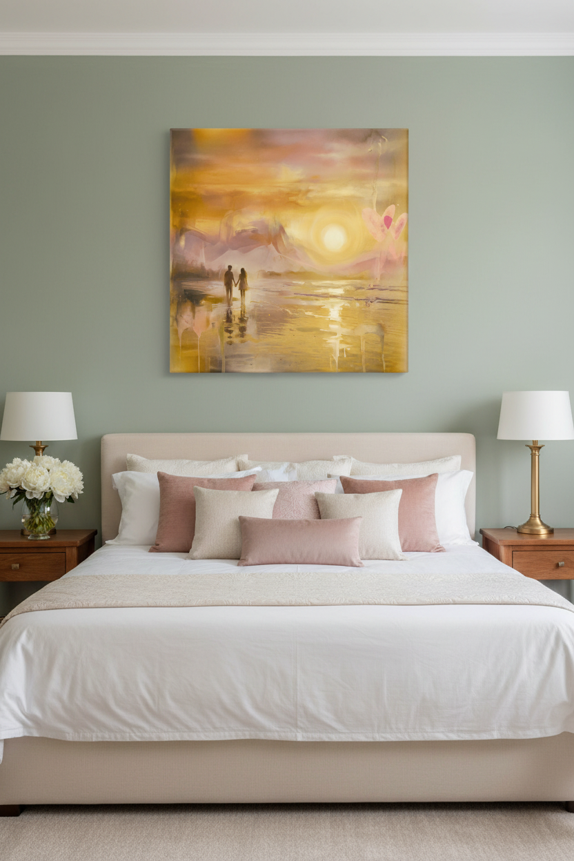 Echoes of the Coast canvas wall art above bed in a romantic sage green bedroom
