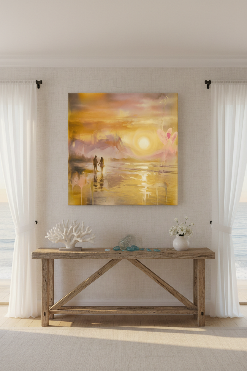 Echoes of the Coast canvas wall art in a bright beach house living room with ocean view