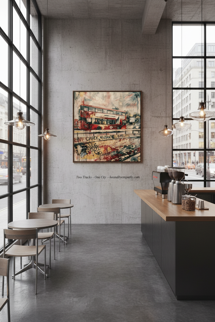 Two Tracks One City canvas wall art displayed in a modern city cafe