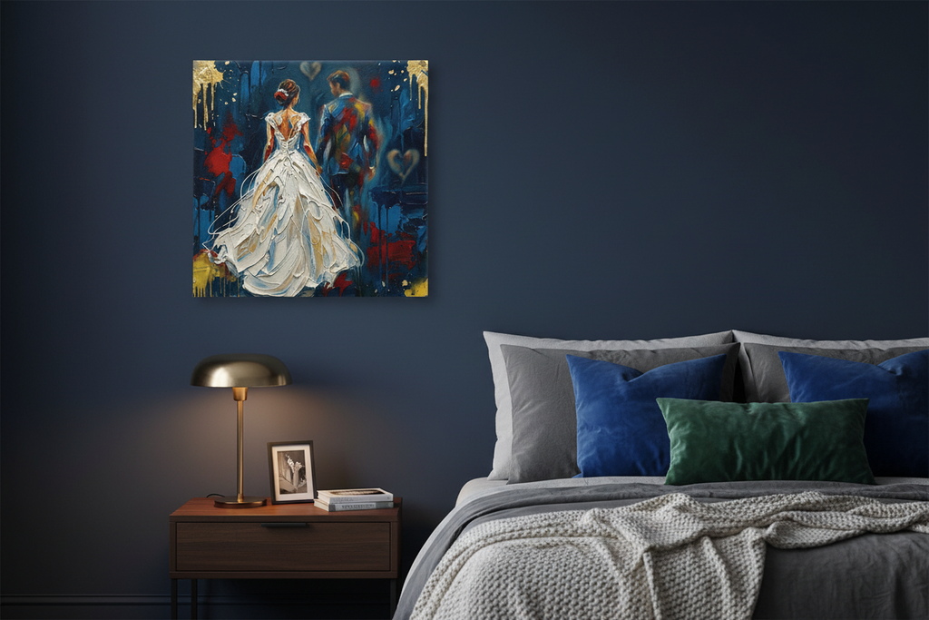 The Walk canvas art displayed on a navy bedroom wall