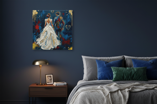 The Walk canvas art displayed on a navy bedroom wall