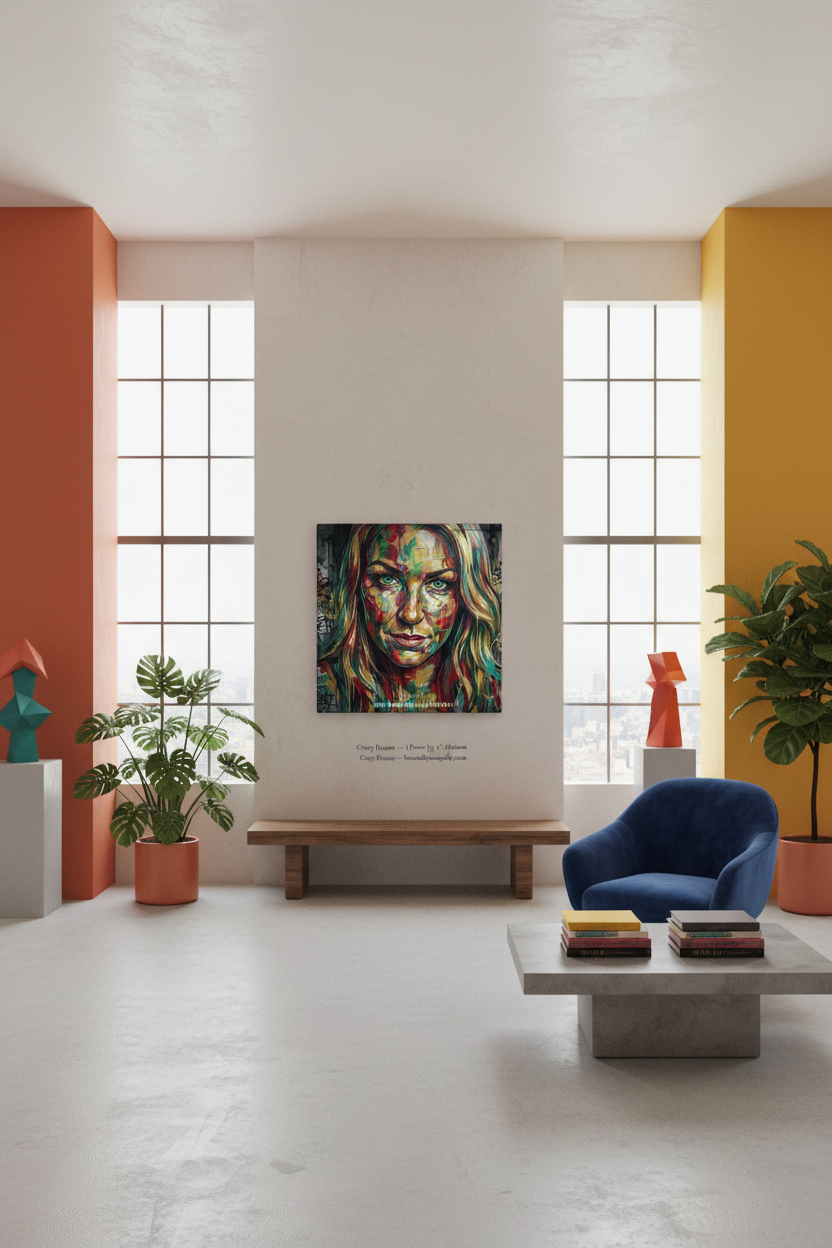 Crazy Human canvas wall art displayed in a colorful art studio