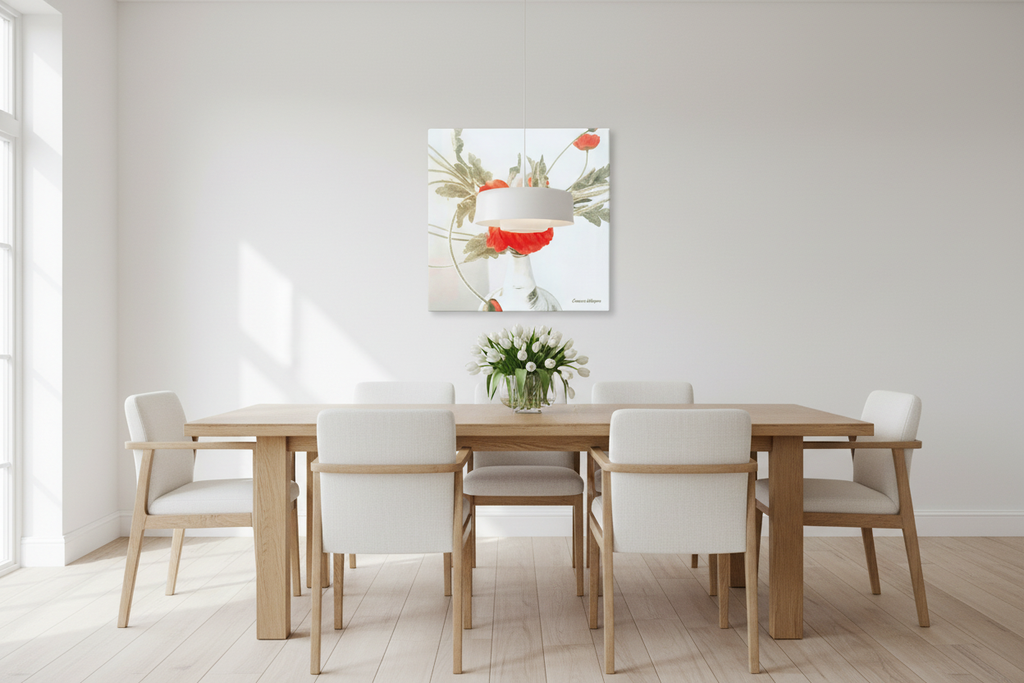 Crimson Whispers in Bloom - Scandinavian Dining Room Mockup