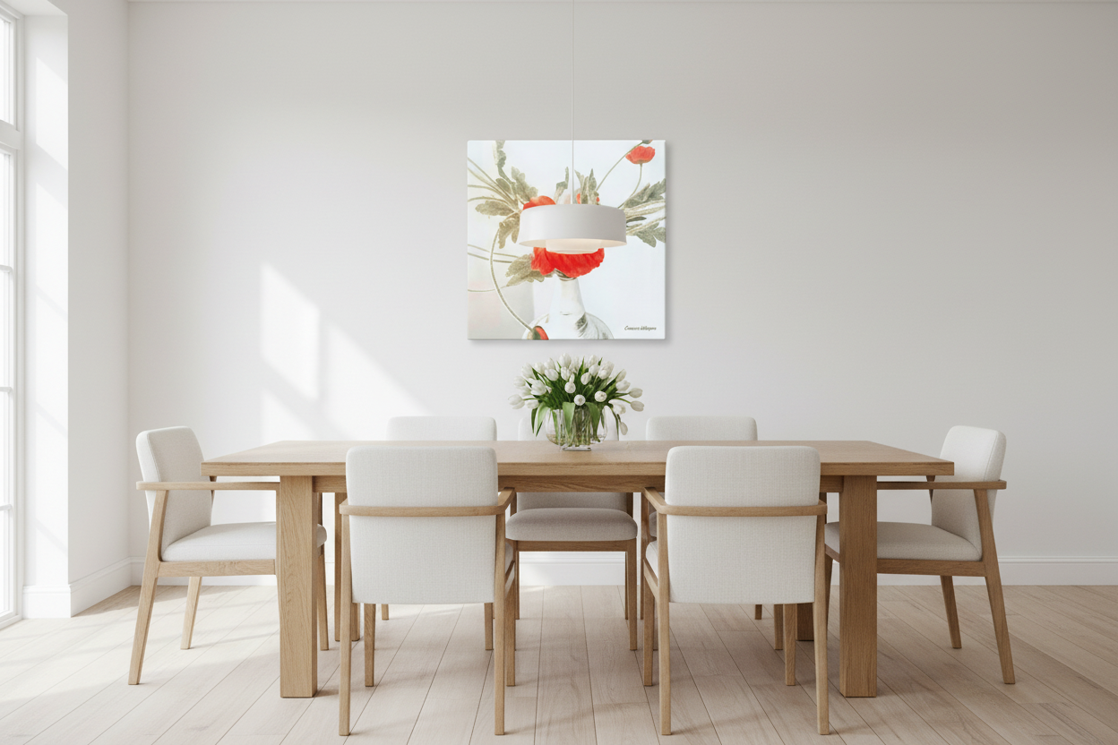 Crimson Whispers in Bloom - Scandinavian Dining Room Mockup