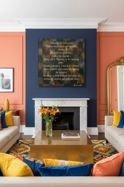 Board Game canvas wall art in a bold colorful living room with yellow and blue cushions