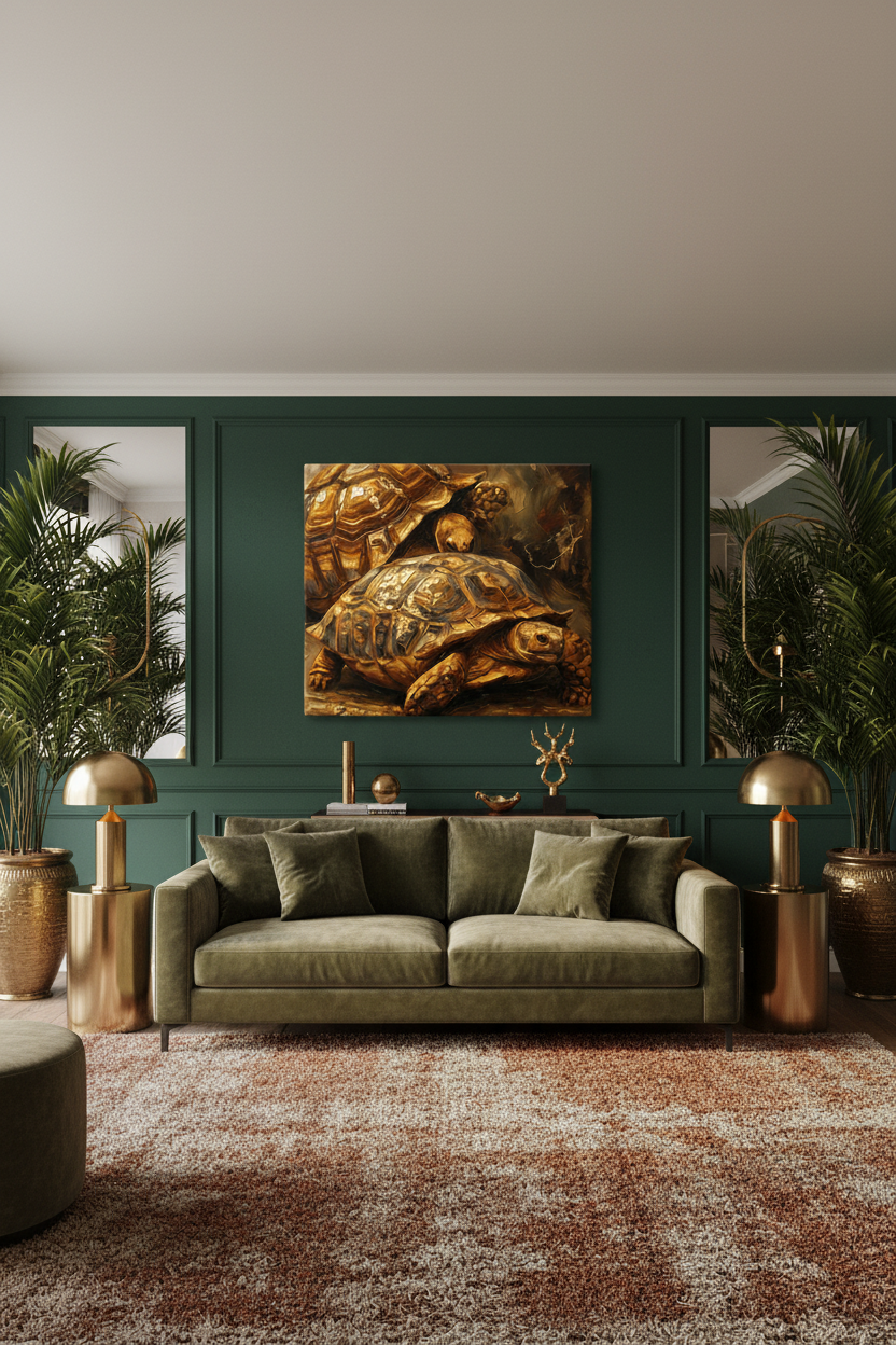 Ancient Gold Tortoise canvas wall art displayed in a luxurious emerald green room with gold accents