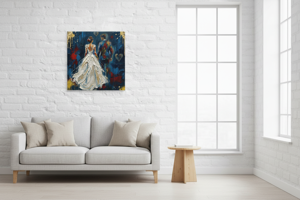 The Walk canvas art displayed in a minimalist Scandinavian living room