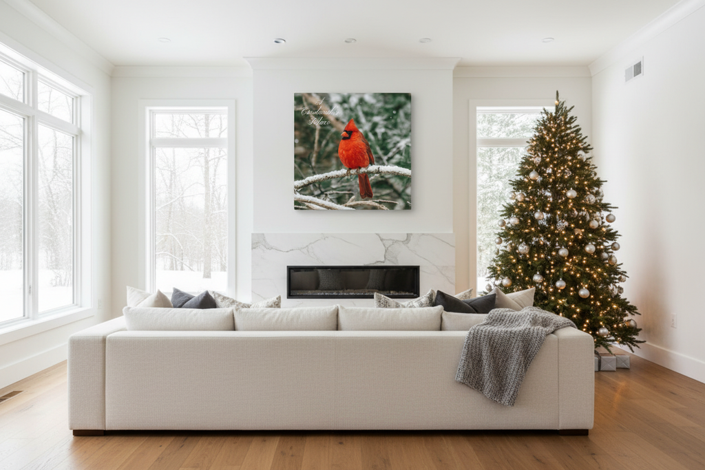 A Cardinal's Solace - Luxury Winter Living Room Mockup