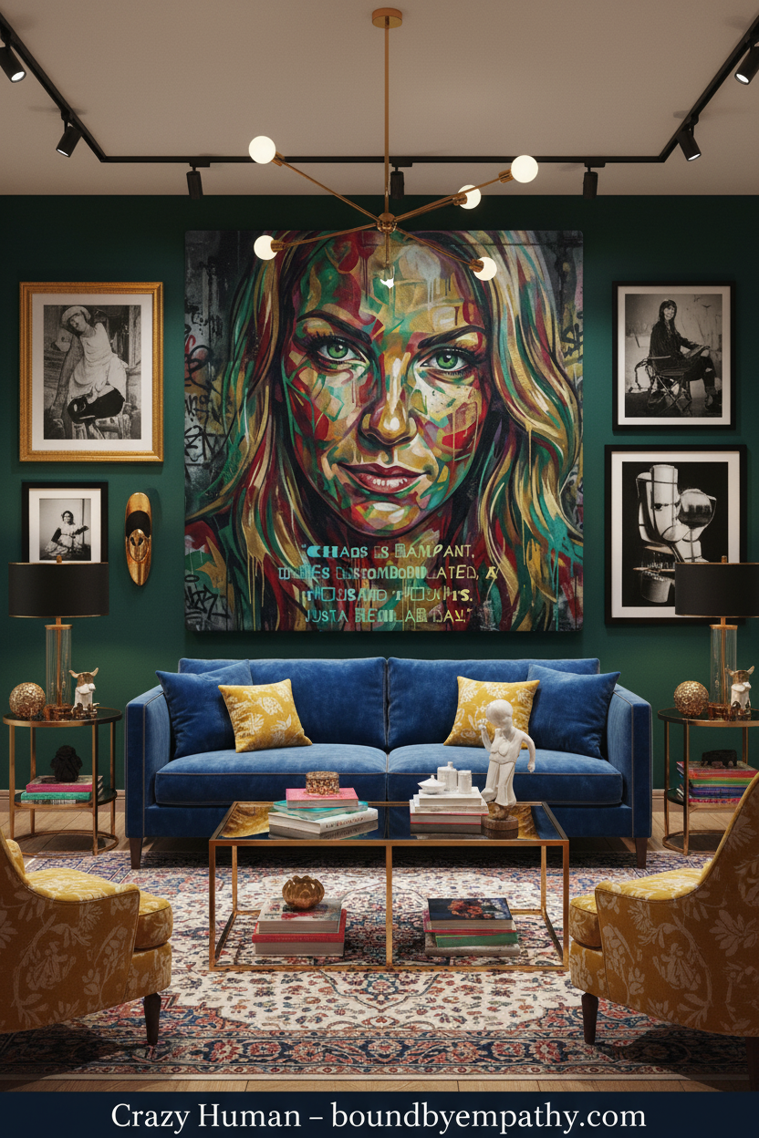 Crazy Human canvas wall art displayed in a jewel toned modern room