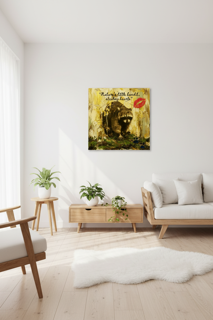 Raccoon Bandit Stealing Hearts canvas wall art in a clean Scandinavian white living room